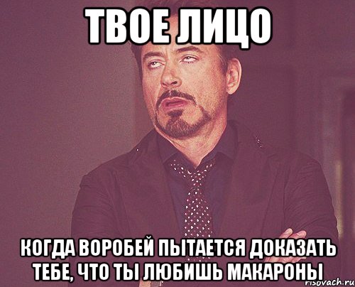 твое лицо когда воробей пытается доказать тебе, что ты любишь макароны, Мем твое выражение лица