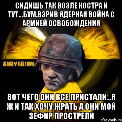 сидишь так возле костра и тут...бум,взрив ядерная война с армией освобождения вот чего они все пристали...я ж и так хочу жрать а они мой зефир прострели, Мем Typical Black Market