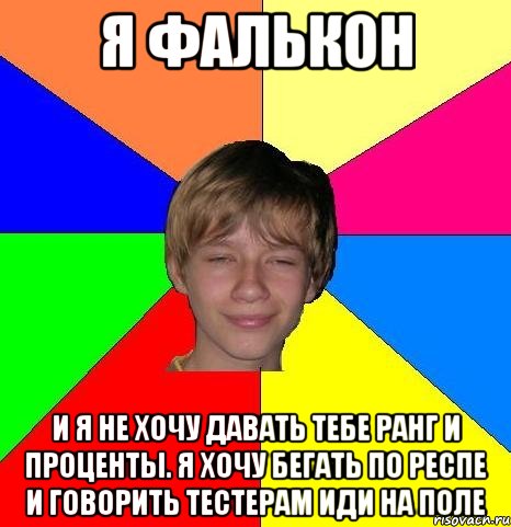 я фалькон и я не хочу давать тебе ранг и проценты. я хочу бегать по респе и говорить тестерам иди на поле, Мем Укуренный школьник