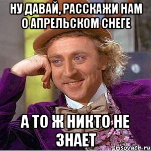 ну давай, расскажи нам о апрельском снеге а то ж никто не знает, Мем Ну давай расскажи (Вилли Вонка)