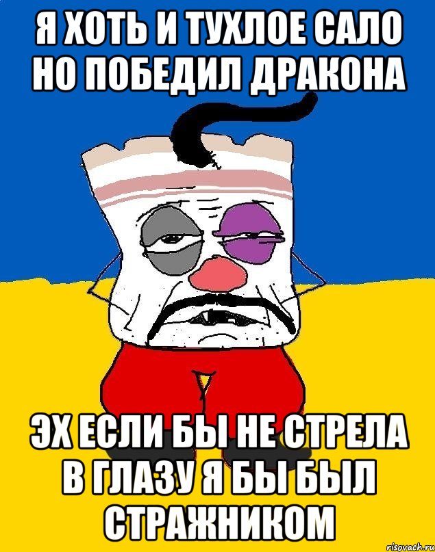 я хоть и тухлое сало но победил дракона эх если бы не стрела в глазу я бы был стражником