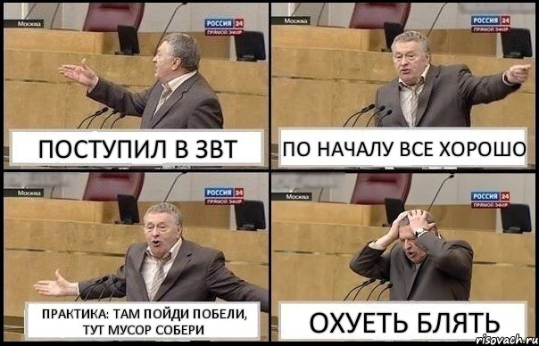 ПОСТУПИЛ В ЗВТ ПО НАЧАЛУ ВСЕ ХОРОШО ПРАКТИКА: ТАМ ПОЙДИ ПОБЕЛИ, ТУТ МУСОР СОБЕРИ ОХУЕТЬ БЛЯТЬ, Комикс Жирик в шоке хватается за голову