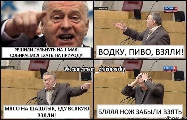 Решили гульнуть на 1 мая! Собираемся ехать на природу! Водку, пиво, взяли! Мясо на шашлык, еду всякую взяли! Бляяя нож забыли взять, Комикс Жирик