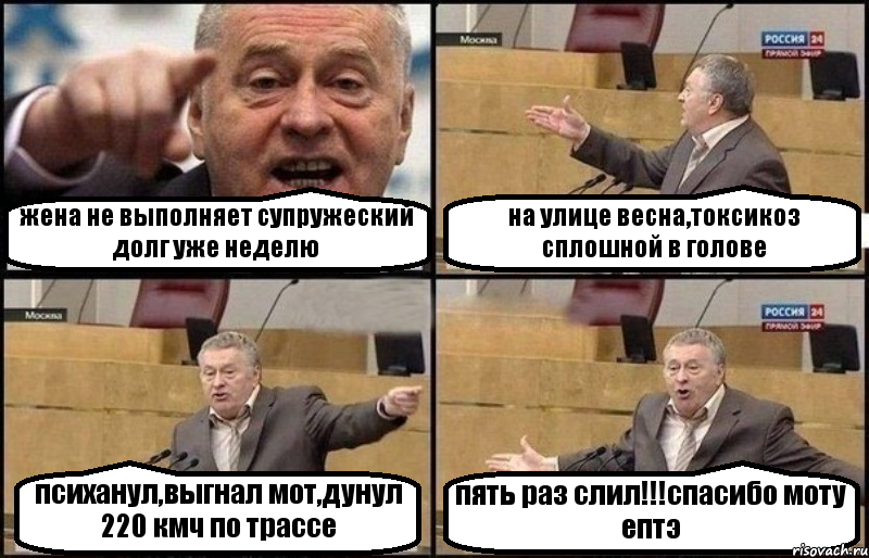 жена не выполняет супружеский долг уже неделю на улице весна,токсикоз сплошной в голове психанул,выгнал мот,дунул 220 кмч по трассе пять раз слил!!!спасибо моту ептэ, Комикс Жириновский