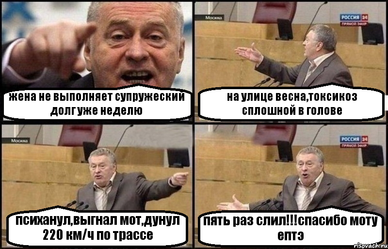 жена не выполняет супружеский долг уже неделю на улице весна,токсикоз сплошной в голове психанул,выгнал мот,дунул 220 км/ч по трассе пять раз слил!!!спасибо моту ептэ, Комикс Жириновский