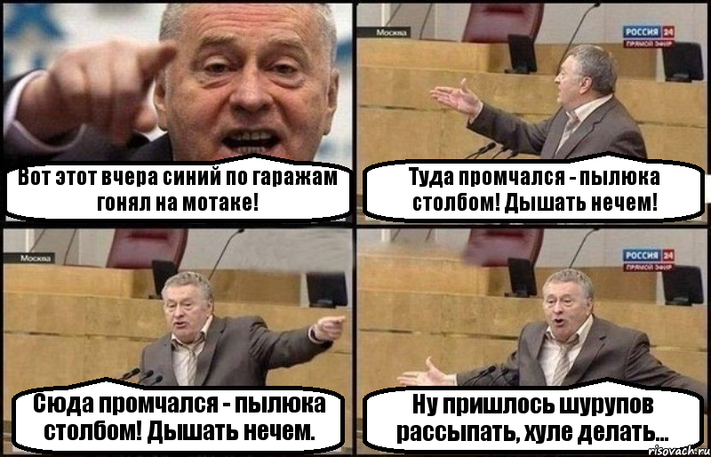 Вот этот вчера синий по гаражам гонял на мотаке! Туда промчался - пылюка столбом! Дышать нечем! Сюда промчался - пылюка столбом! Дышать нечем. Ну пришлось шурупов рассыпать, хуле делать..., Комикс Жириновский