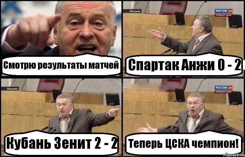 Смотрю результаты матчей Спартак Анжи 0 - 2 Кубань Зенит 2 - 2 Теперь ЦСКА чемпион!, Комикс Жириновский