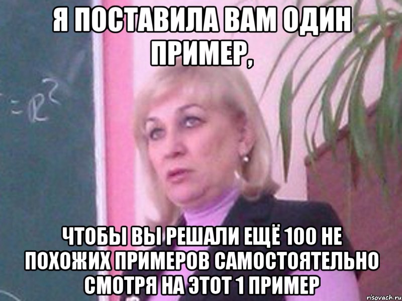 я поставила вам один пример, чтобы вы решали ещё 100 не похожих примеров самостоятельно смотря на этот 1 пример, Мем 1