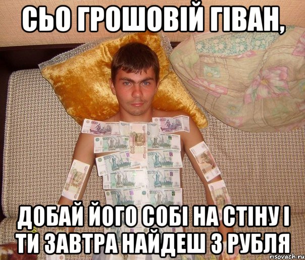 сьо грошовій гіван, добай його собі на стіну і ти завтра найдеш 3 рубля, Мем 78985