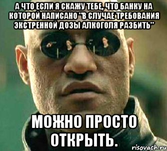 а что если я скажу тебе, что банку на которой написано "в случае требования экстренной дозы алкоголя разбить" можно просто открыть., Мем  а что если я скажу тебе