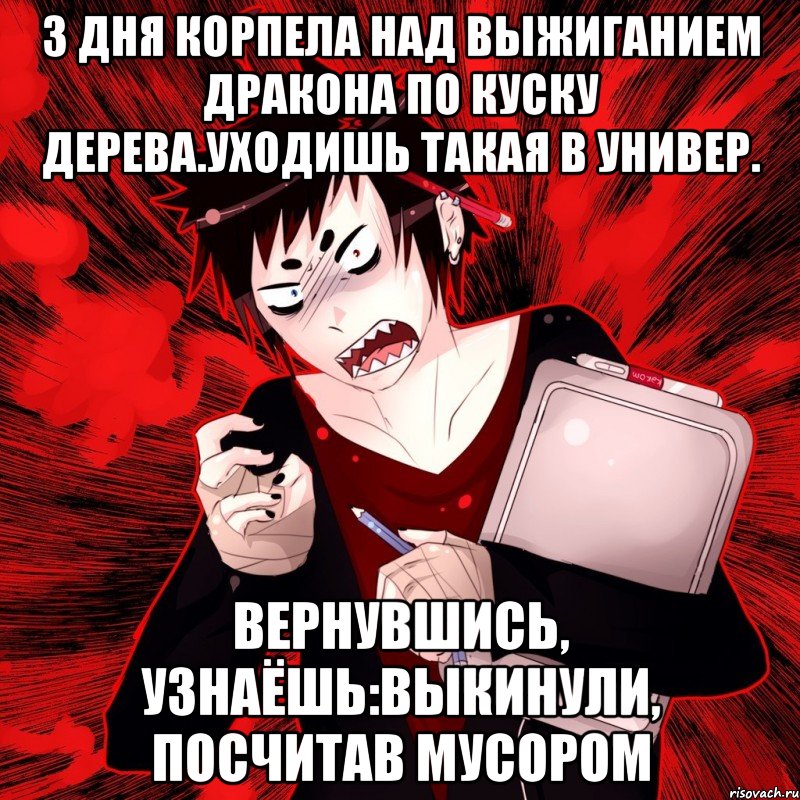 3 дня корпела над выжиганием дракона по куску дерева.уходишь такая в универ. вернувшись, узнаёшь:выкинули, посчитав мусором