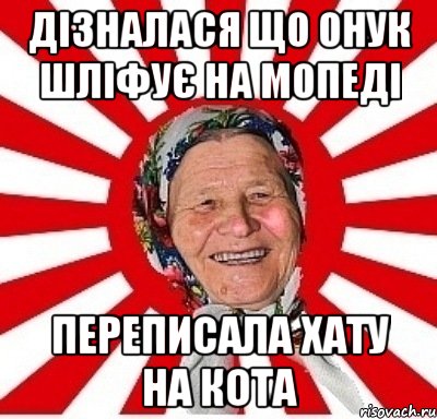 дізналася що онук шліфує на мопеді переписала хату на кота, Мем  бабуля