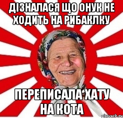 дізналася що онук не ходить на рибаклку переписала хату на кота, Мем  бабуля