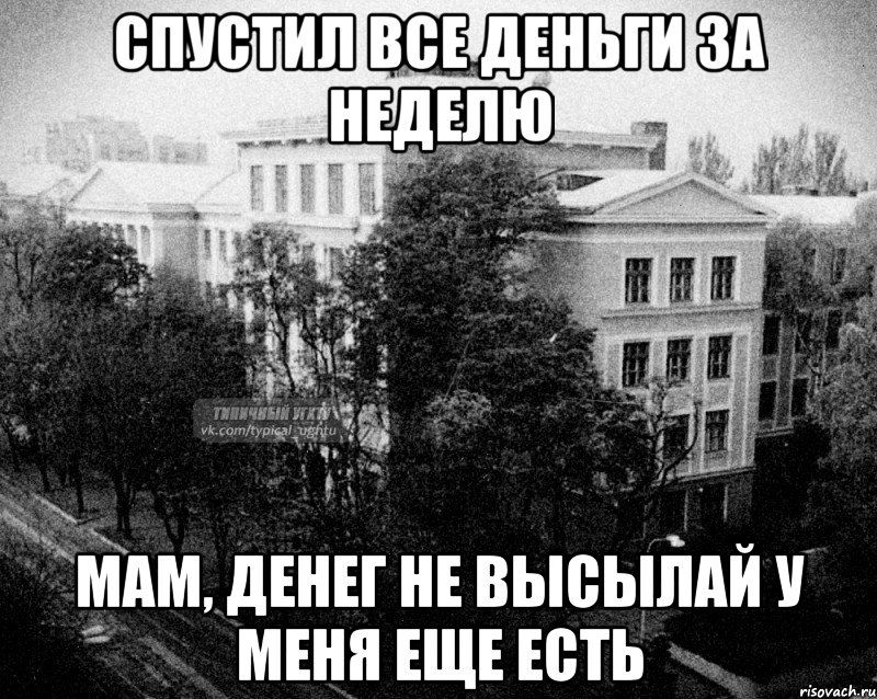 спустил все деньги за неделю мам, денег не высылай у меня еще есть, Мем Безысходный УГХТУ