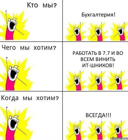 Бухгалтерия! Работать в 7.7 и во всем винить ИТ-шников! Всегда!!!, Комикс Что мы хотим