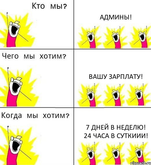 АДМИНЫ! ВАШУ ЗАРПЛАТУ! 7 ДНЕЙ В НЕДЕЛЮ! 24 ЧАСА В СУТКИИИ!, Комикс Что мы хотим