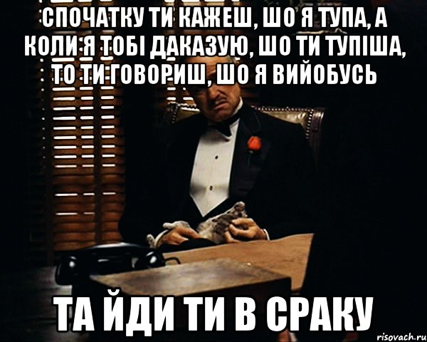 спочатку ти кажеш, шо я тупа, а коли я тобі даказую, шо ти тупіша, то ти говориш, шо я вийобусь та йди ти в сраку, Мем Дон Вито Корлеоне