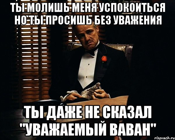 ты молишь меня успокоиться но ты просишь без уважения ты даже не сказал "уважаемый ваван", Мем Дон Вито Корлеоне