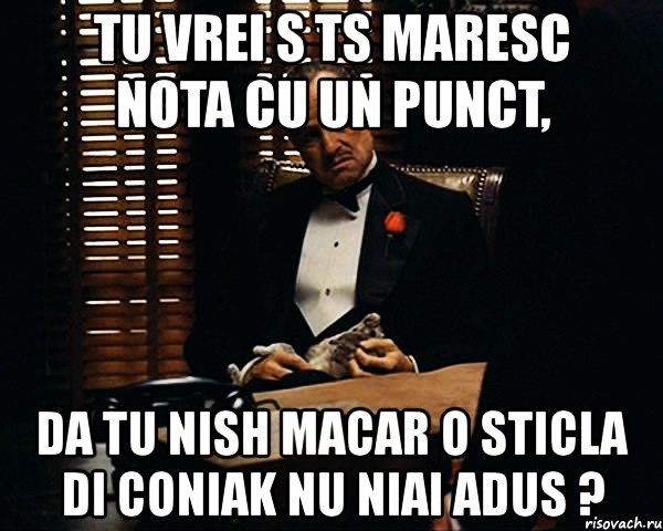 tu vrei s ts maresc nota cu un punct, da tu nish macar o sticla di coniak nu niai adus ?, Мем Дон Вито Корлеоне