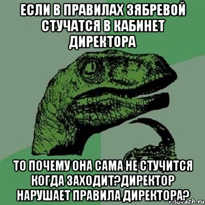 если в правилах зябревой стучатся в кабинет директора то почему она сама не стучится когда заходит?директор нарушает правила директора?, Мем Филосораптор