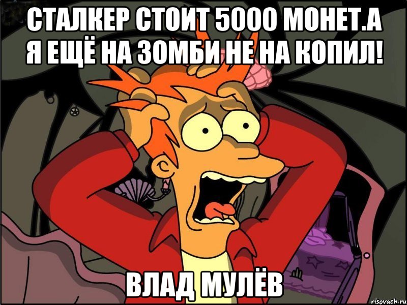 сталкер стоит 5000 монет.а я ещё на зомби не на копил! влад мулёв, Мем Фрай в панике