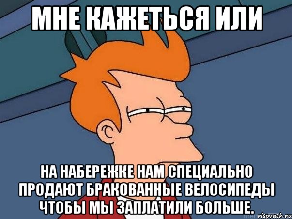 мне кажеться или на набережке нам специально продают бракованные велосипеды чтобы мы заплатили больше., Мем  Фрай (мне кажется или)