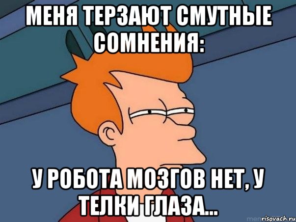 меня терзают смутные сомнения: у робота мозгов нет, у телки глаза..., Мем  Фрай (мне кажется или)