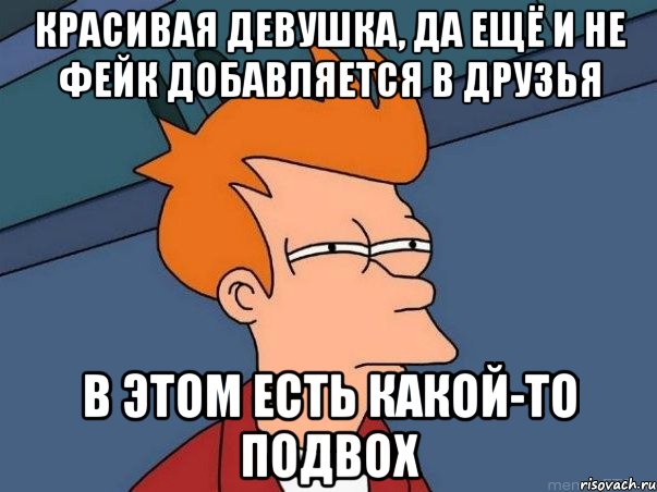 красивая девушка, да ещё и не фейк добавляется в друзья в этом есть какой-то подвох, Мем  Фрай (мне кажется или)