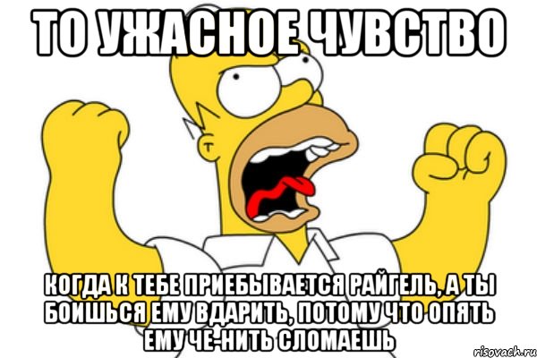 то ужасное чувство когда к тебе приебывается райгель, а ты боишься ему вдарить, потому что опять ему че-нить сломаешь, Мем Разъяренный Гомер