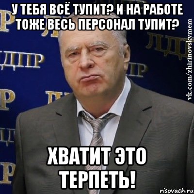 у тебя всё тупит? и на работе тоже весь персонал тупит? хватит это терпеть!, Мем Хватит это терпеть (Жириновский)