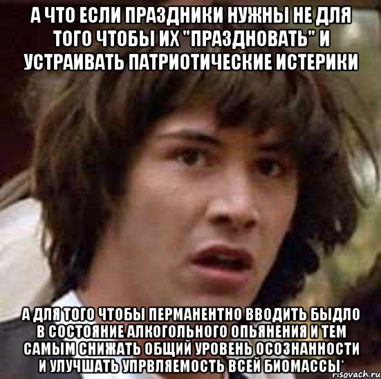 а что если праздники нужны не для того чтобы их "праздновать" и устраивать патриотические истерики а для того чтобы перманентно вводить быдло в состояние алкогольного опьянения и тем самым снижать общий уровень осознанности и улучшать упрвляемость всей биомассы*, Мем А что если (Киану Ривз)