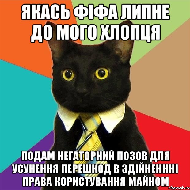 якась фіфа липне до мого хлопця подам негаторний позов для усунення перешкод в здійненнні права користування майном, Мем  Кошечка