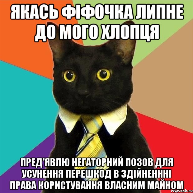 якась фіфочка липне до мого хлопця пред'явлю негаторний позов для усунення перешкод в здійненнні права користування власним майном, Мем  Кошечка