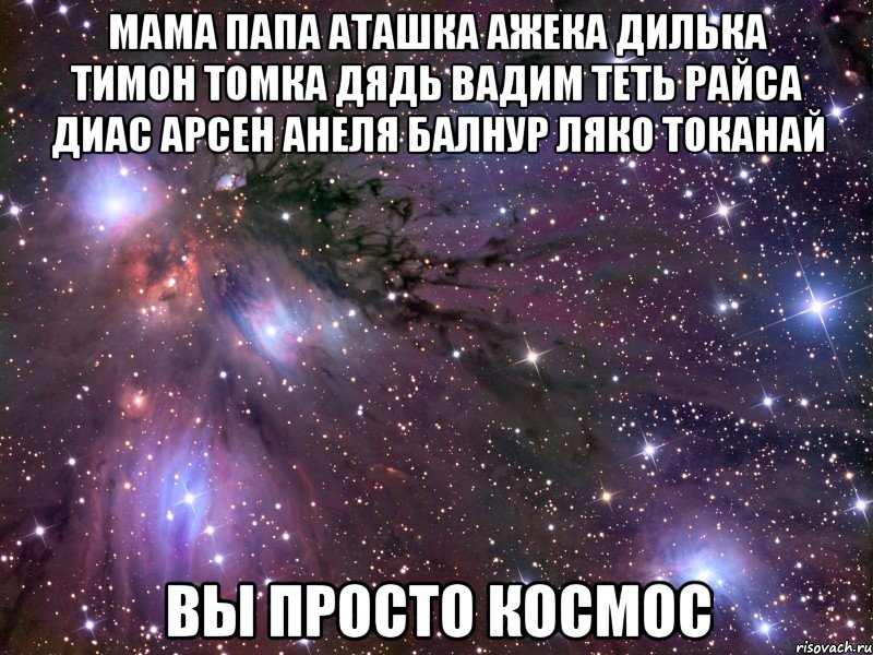 мама папа аташка ажека дилька тимон томка дядь вадим теть райса диас арсен анеля балнур ляко токанай вы просто космос, Мем Космос