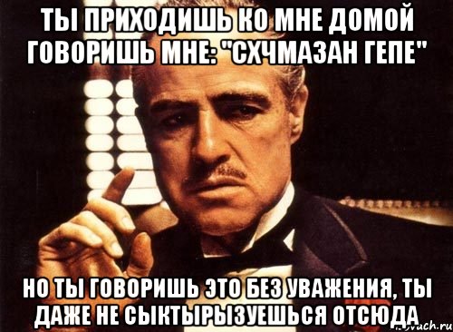 ты приходишь ко мне домой говоришь мне: "схчмазан гепе" но ты говоришь это без уважения, ты даже не сыктырызуешься отсюда, Мем крестный отец