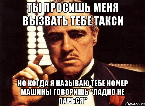 ты просишь меня вызвать тебе такси но когда я называю тебе номер машины говоришь "ладно не парься", Мем крестный отец