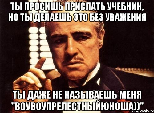 ты просишь прислать учебник, но ты делаешь это без уважения ты даже не называешь меня "воувоупрелестныйюноша))", Мем крестный отец