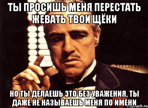 ты просишь меня перестать жевать твои щёки но ты делаешь это без уважения, ты даже не называешь меня по имени, Мем крестный отец