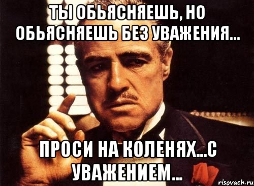 ты обьясняешь, но обьясняешь без уважения... проси на коленях...с уважением..., Мем крестный отец