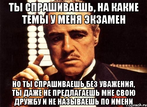 ты спрашиваешь, на какие темы у меня экзамен но ты спрашиваешь без уважения, ты даже не предлагаешь мне свою дружбу и не называешь по имени, Мем крестный отец