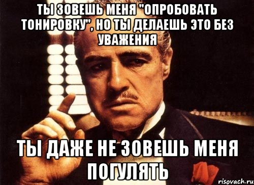 ты зовешь меня "опробовать тонировку", но ты делаешь это без уважения ты даже не зовешь меня погулять, Мем крестный отец