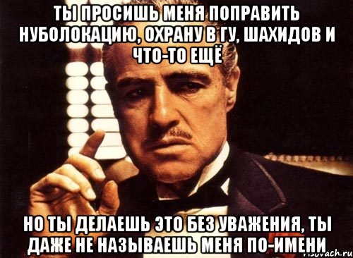 ты просишь меня поправить нуболокацию, охрану в гу, шахидов и что-то ещё но ты делаешь это без уважения, ты даже не называешь меня по-имени, Мем крестный отец