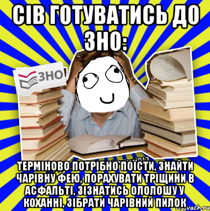 сів готуватись до зно: терміново потрібно поїсти, знайти чарівну фею, порахувати тріщини в асфальті, зізнатись ололошу у коханні, зібрати чарівний пилок