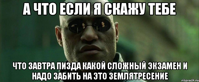 а что если я скажу тебе что завтра пизда какой сложный экзамен и надо забить на это землятресение, Мем  морфеус