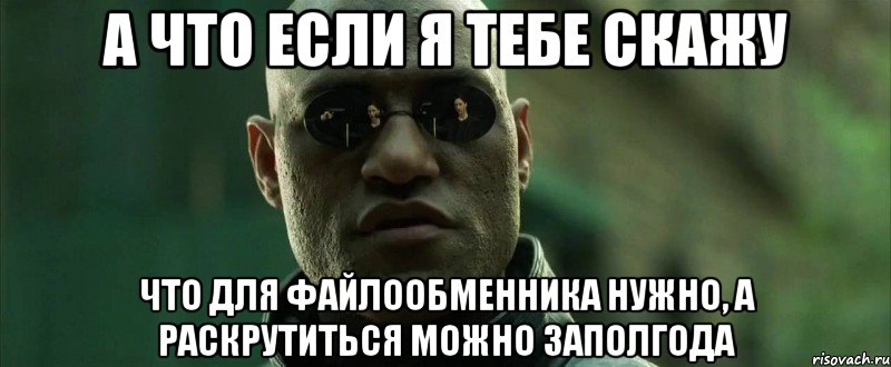 а что если я тебе скажу что для файлообменника нужно, а раскрутиться можно заполгода, Мем  морфеус