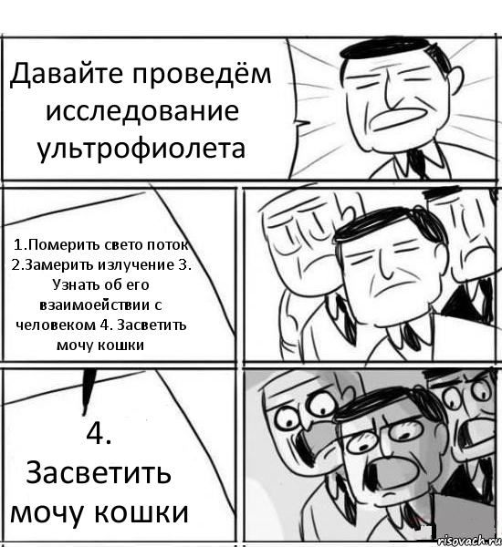 Давайте проведём исследование ультрофиолета 1.Померить свето поток 2.Замерить излучение 3. Узнать об его взаимоействии с человеком 4. Засветить мочу кошки 4. Засветить мочу кошки, Комикс нам нужна новая идея