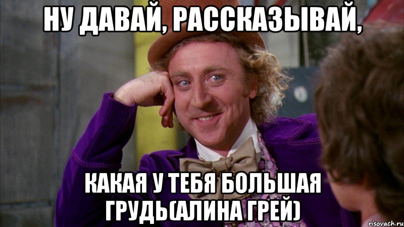 ну давай, рассказывай, какая у тебя большая грудь(алина грей), Мем Ну давай расскажи (Вилли Вонка)