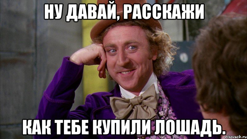 ну давай, расскажи как тебе купили лошадь., Мем Ну давай расскажи (Вилли Вонка)