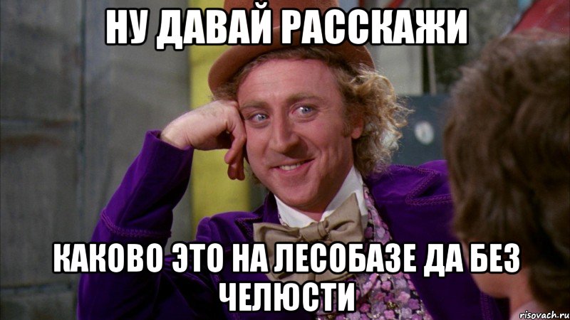 ну давай расскажи каково это на лесобазе да без челюсти, Мем Ну давай расскажи (Вилли Вонка)