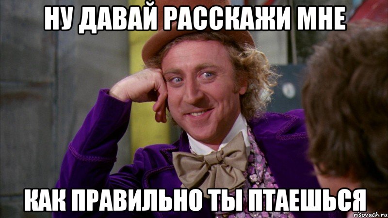 ну давай расскажи мне как правильно ты птаешься, Мем Ну давай расскажи (Вилли Вонка)